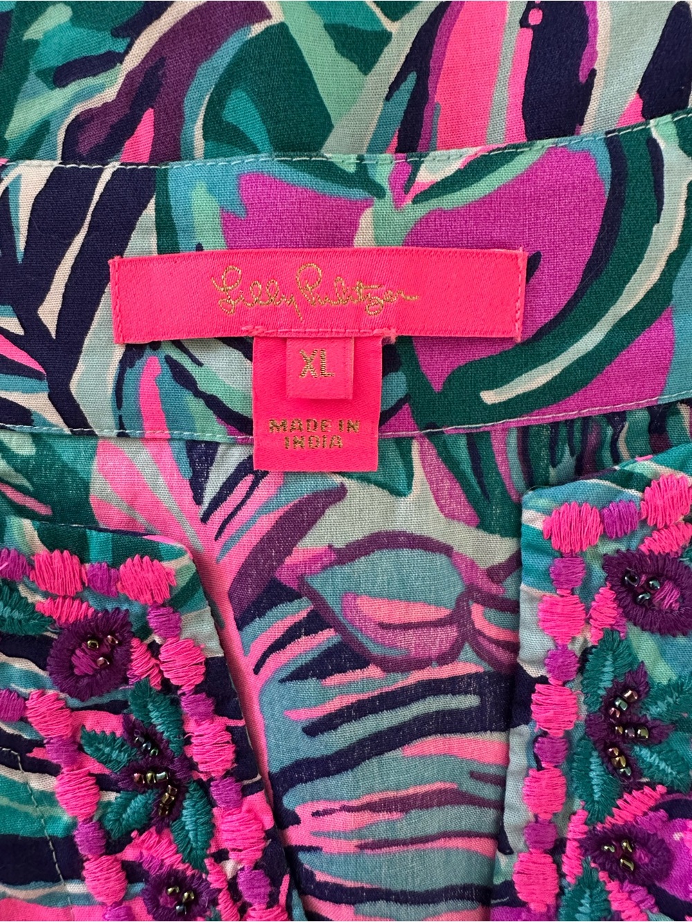 Lilly Pulitzer XL Tropical Palm Print Embroidered Tunic Top Pink Teal - Picture 6 of 7